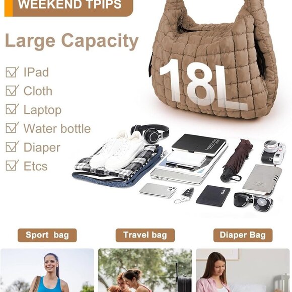 Women Puffer Tote Nylon Large Capacity Crossbody Bag Quilted Carryall - Picture 2 of 6